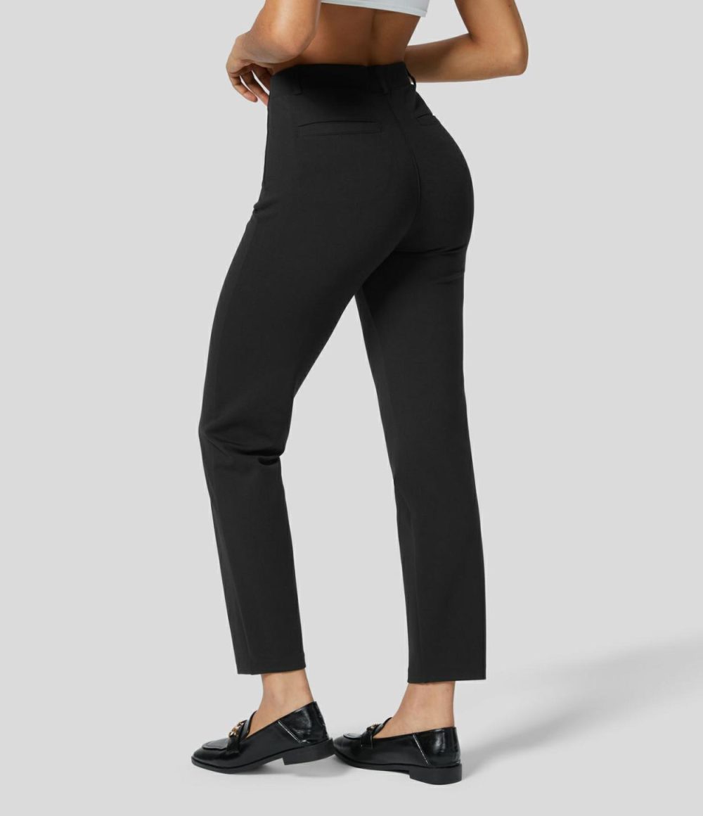 High Waisted Back Pocket Solid Work Tapered Pants  | Womens  Active Work Pants Active Work Pants Active Work Pants