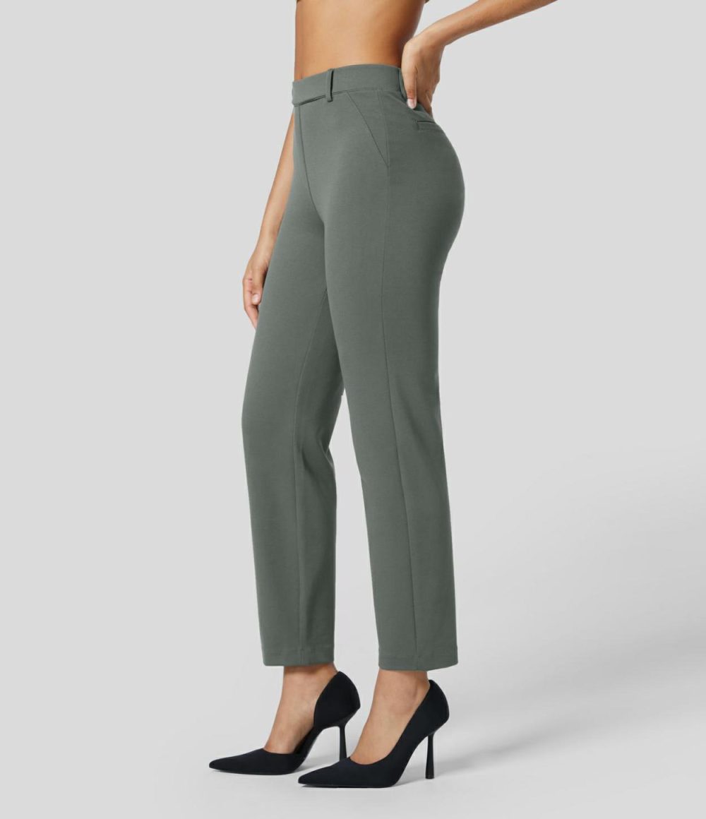 High Waisted Back Pocket Solid Work Tapered Pants  | Womens  Active Work Pants Active Work Pants Active Work Pants