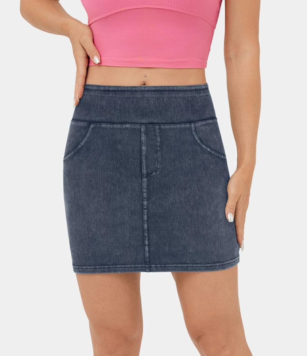 High Waisted Back Pocket Stretchy Knit Denim Bodycon Mini Casual Skirt  | Womens  Jeans Clothing Denim Shorts