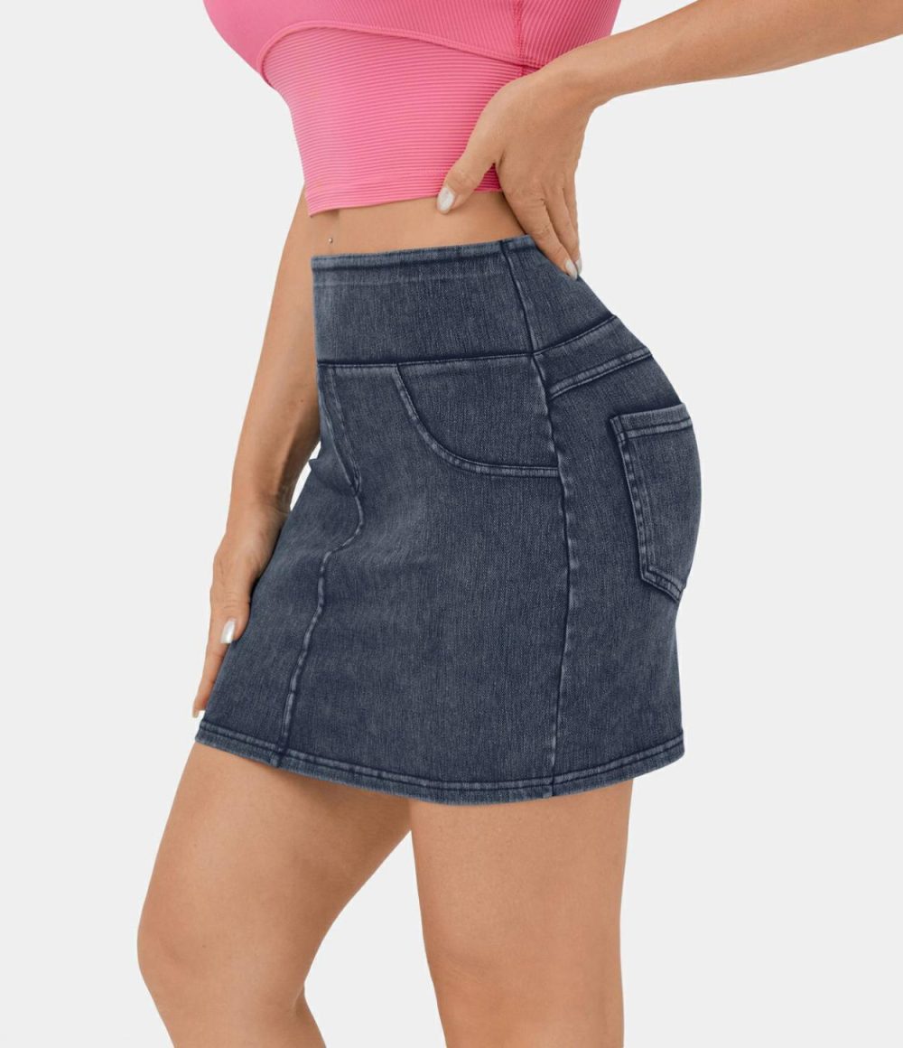 High Waisted Back Pocket Stretchy Knit Denim Bodycon Mini Casual Skirt  | Womens  Jeans Clothing Denim Shorts