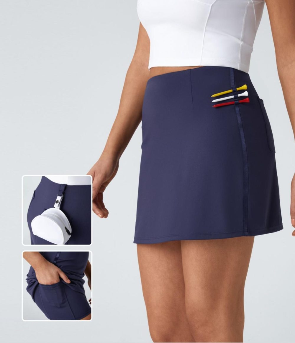 High Waisted Back Pocket Tape 2-in-1 Side Pocket Mini Quick Dry Golf Skirt-Golf Tee Pocket  | Womens  Mini Skirts Clothing Dawn Purple/White