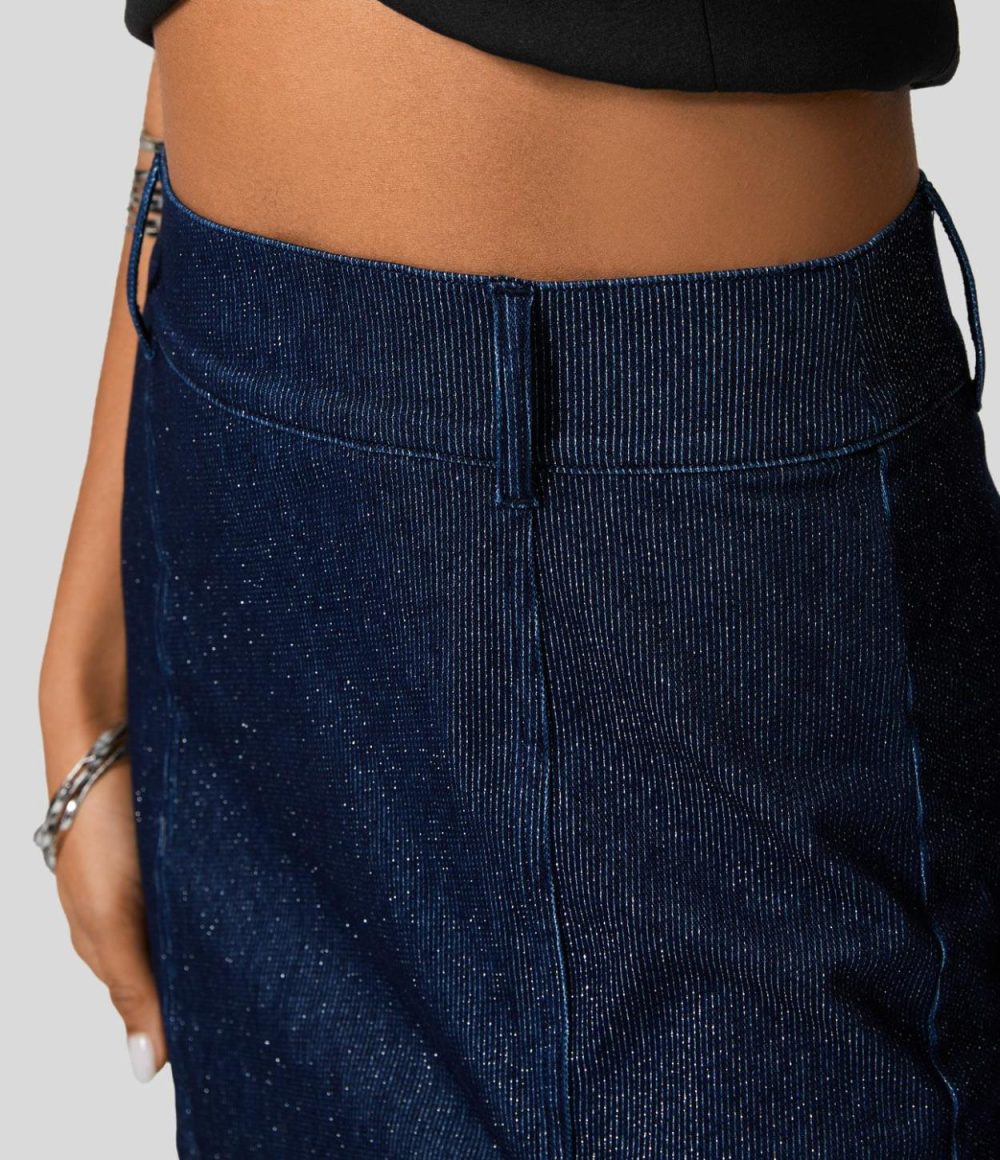 High Waisted Back Pockets Split Hem Mini Silver Shine Stretchy Knit Denim Casual Skirt  | Womens  Jeans Clothing Dark Blue Silver Denim