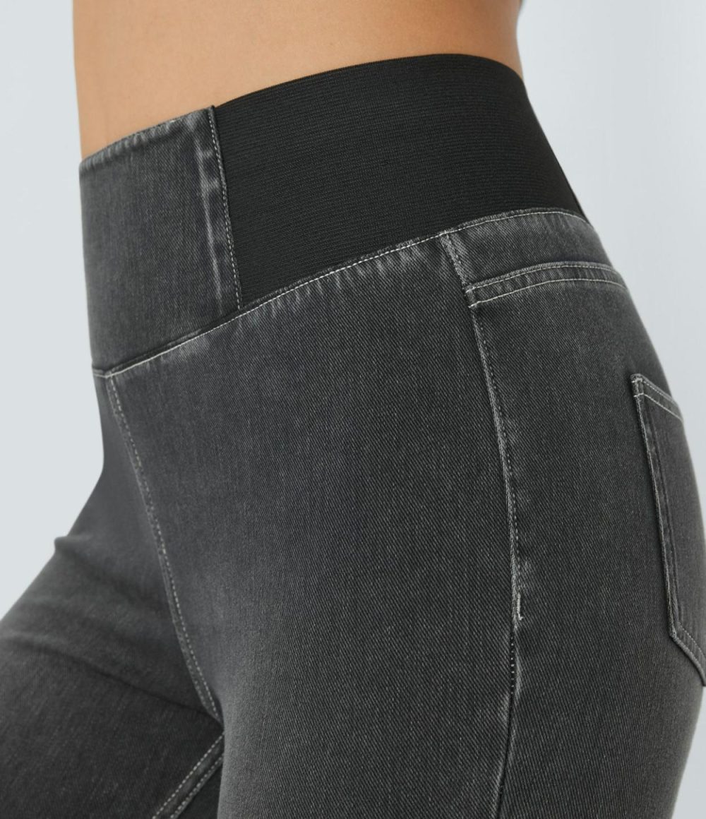 High Waisted Back Side Pocket Stretchy Knit Denim Casual 7/8 Leggings  | Womens  Jeans Clothing Ceramic Black Denim/Stack Blue Denim