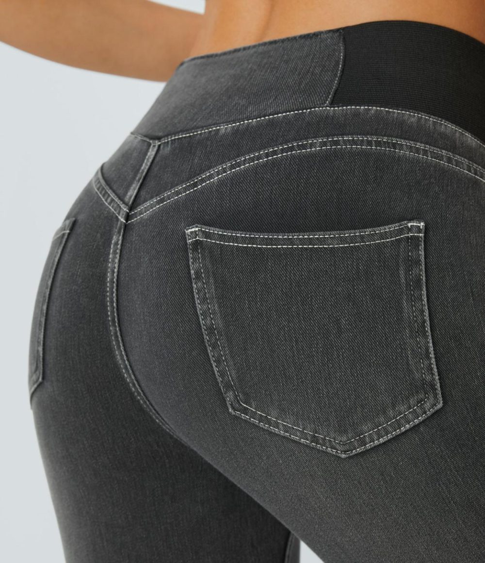 High Waisted Back Side Pocket Stretchy Knit Denim Casual 7/8 Leggings  | Womens  Jeans Clothing Ceramic Black Denim/Stack Blue Denim