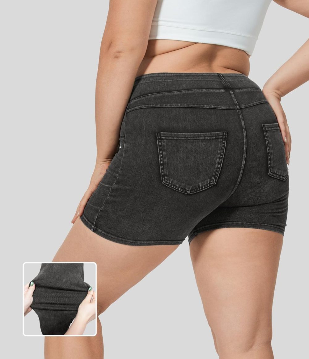 High Waisted Back Side Pocket Stretchy Knit Denim Casual Plus Size Shorts 3″  | Womens  Denim Shorts Clothing Denim Shorts