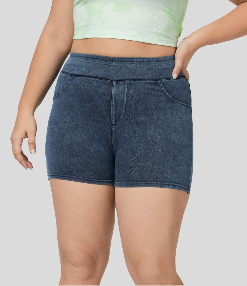 High Waisted Back Side Pocket Stretchy Knit Denim Casual Plus Size Shorts 3″  | Womens  Denim Shorts Clothing Denim Shorts