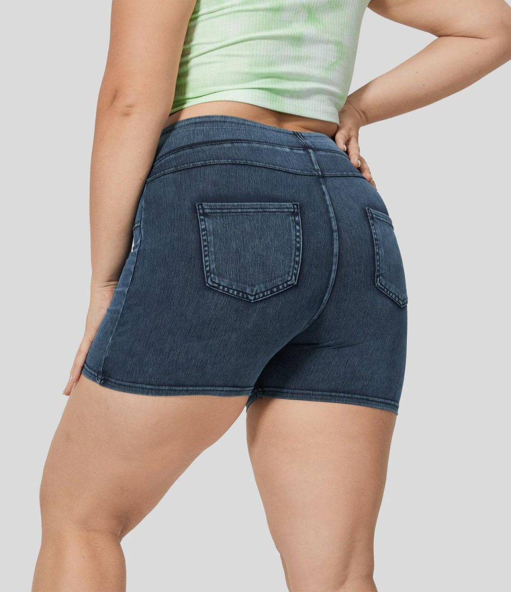 High Waisted Back Side Pocket Stretchy Knit Denim Casual Plus Size Shorts 3″  | Womens  Denim Shorts Clothing Denim Shorts