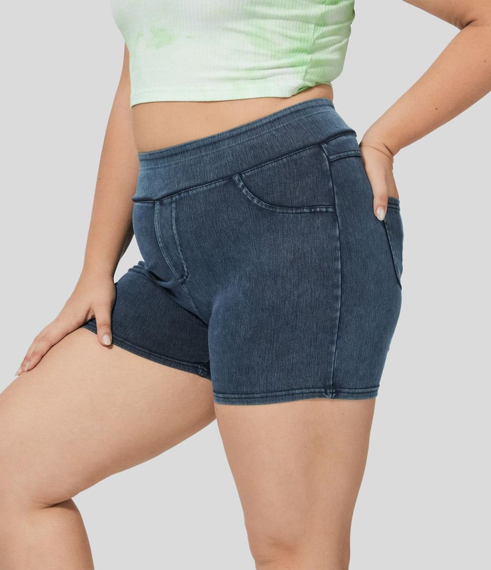 High Waisted Back Side Pocket Stretchy Knit Denim Casual Plus Size Shorts 3″  | Womens  Denim Shorts Clothing Denim Shorts