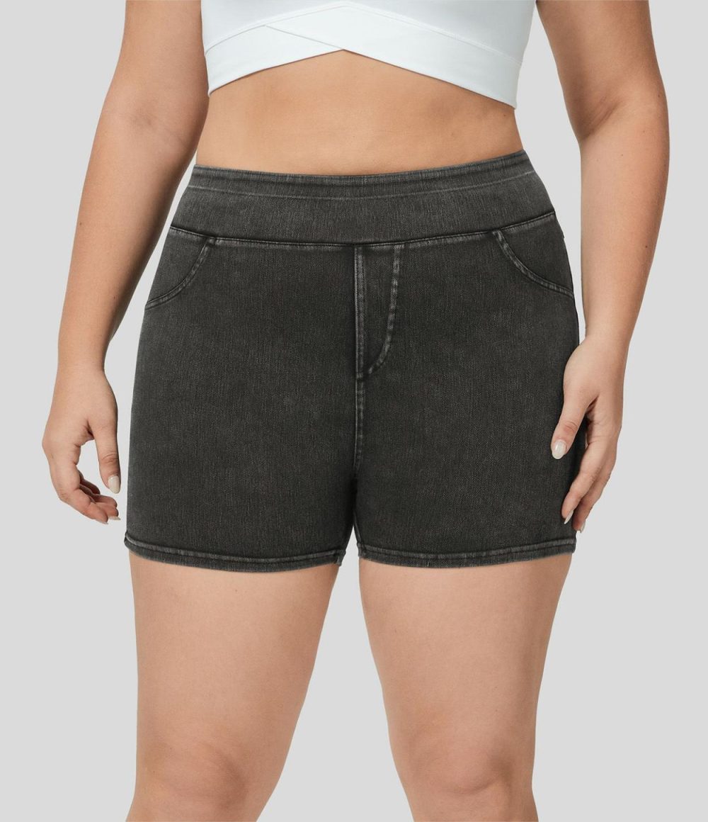 High Waisted Back Side Pocket Stretchy Knit Denim Casual Plus Size Shorts 3″  | Womens  Denim Shorts Clothing Denim Shorts