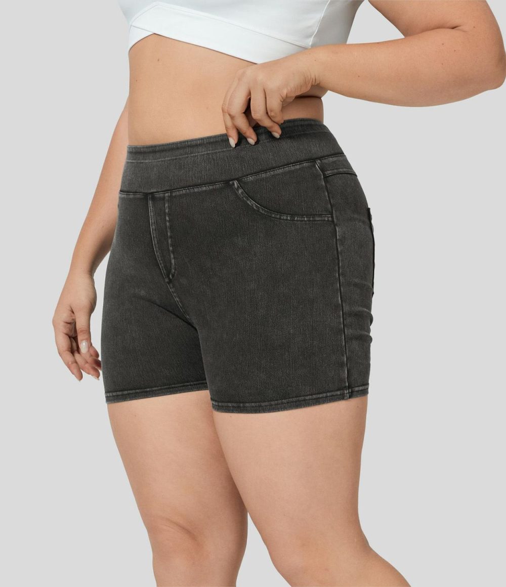 High Waisted Back Side Pocket Stretchy Knit Denim Casual Plus Size Shorts 3″  | Womens  Denim Shorts Clothing Denim Shorts