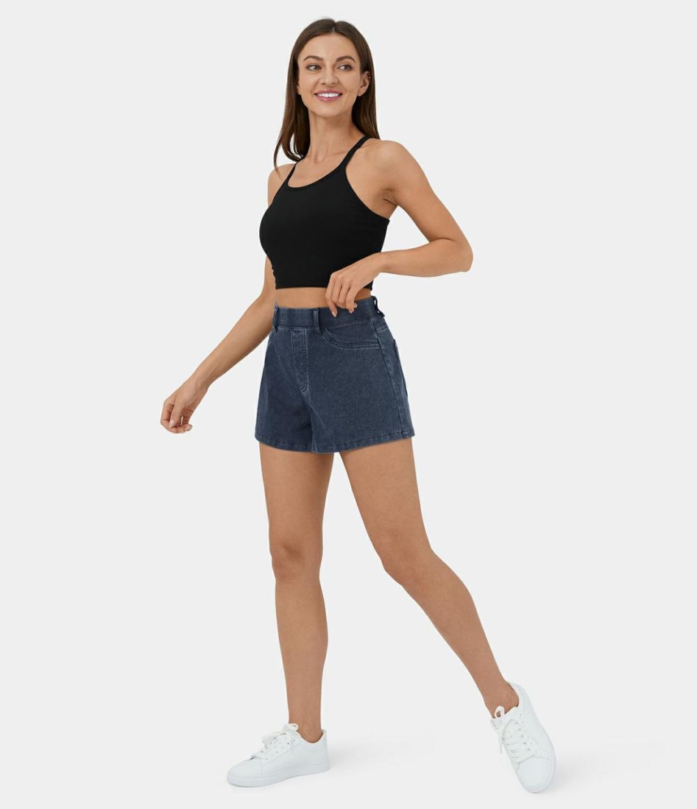 High Waisted Back Side Pocket Stretchy Knit Denim Casual Shorts 2.5”  | Womens  Jeans Clothing Denim Shorts