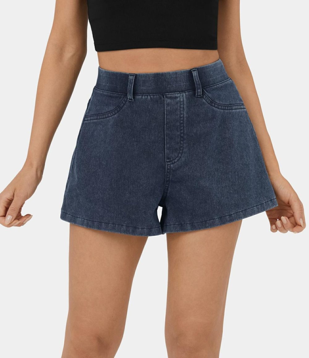 High Waisted Back Side Pocket Stretchy Knit Denim Casual Shorts 2.5”  | Womens  Jeans Clothing Denim Shorts