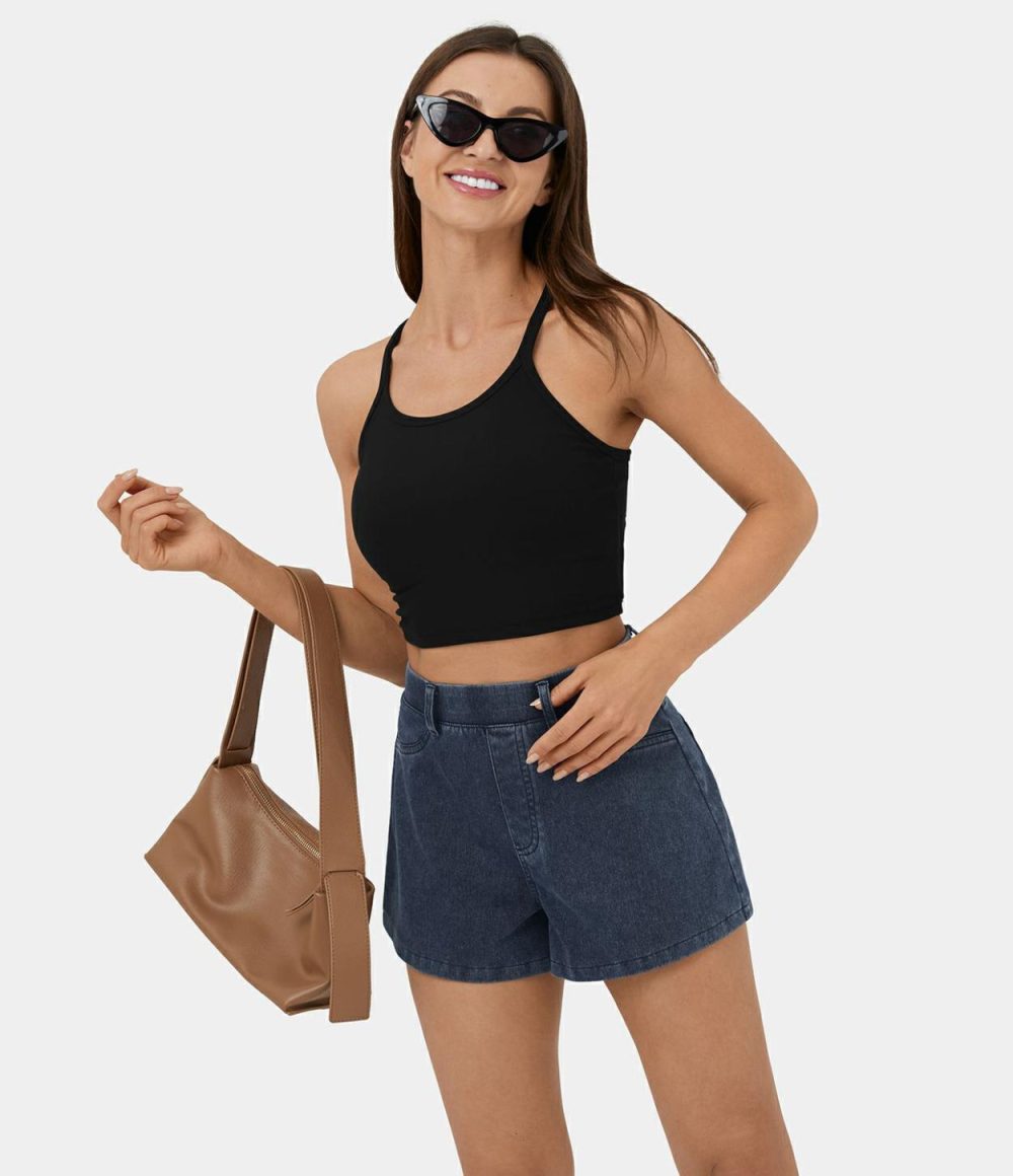 High Waisted Back Side Pocket Stretchy Knit Denim Casual Shorts 2.5”  | Womens  Jeans Clothing Denim Shorts