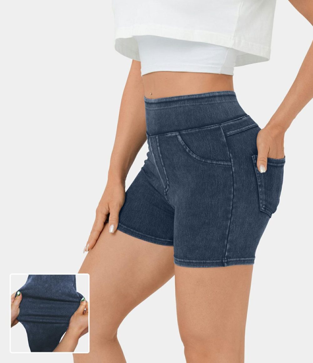 High Waisted Back Side Pocket Stretchy Knit Denim Casual Shorts 3″  | Womens  Jeans Clothing Denim Shorts