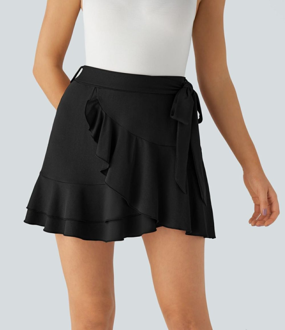 High Waisted Belted 2-in-1 Side Pocket Ruffle Mini Casual Skirt  | Womens  Mini Skirts Clothing Maple Syrup/Black