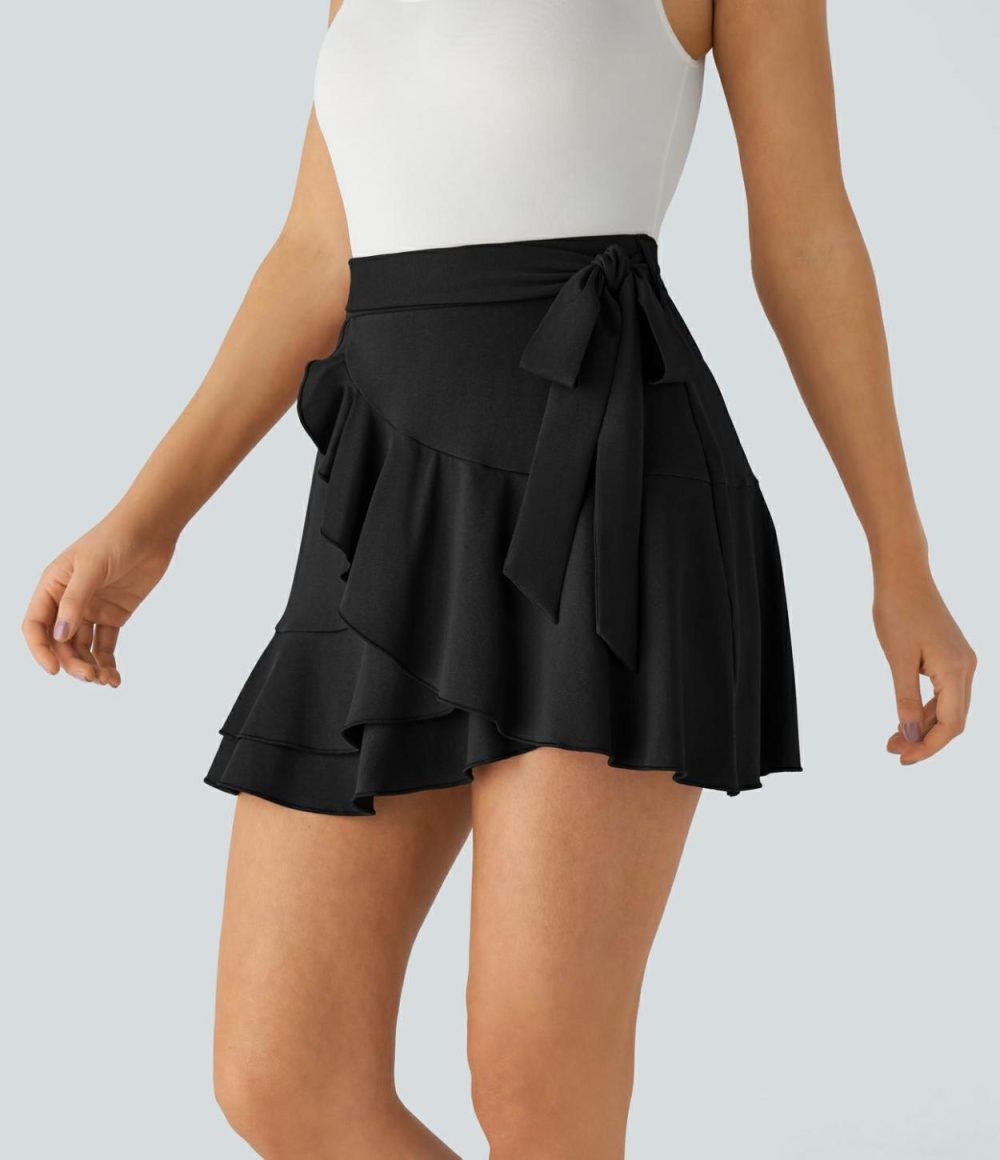 High Waisted Belted 2-in-1 Side Pocket Ruffle Mini Casual Skirt  | Womens  Mini Skirts Clothing Maple Syrup/Black