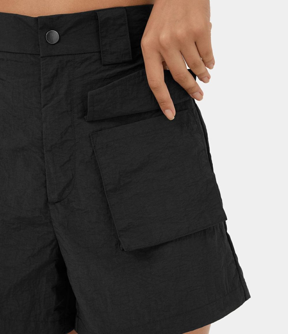 High Waisted Belted Button Zipper Flap Pocket Casual Cargo Shorts 4”  | Womens  Cargo Pants Cargo Pants Black