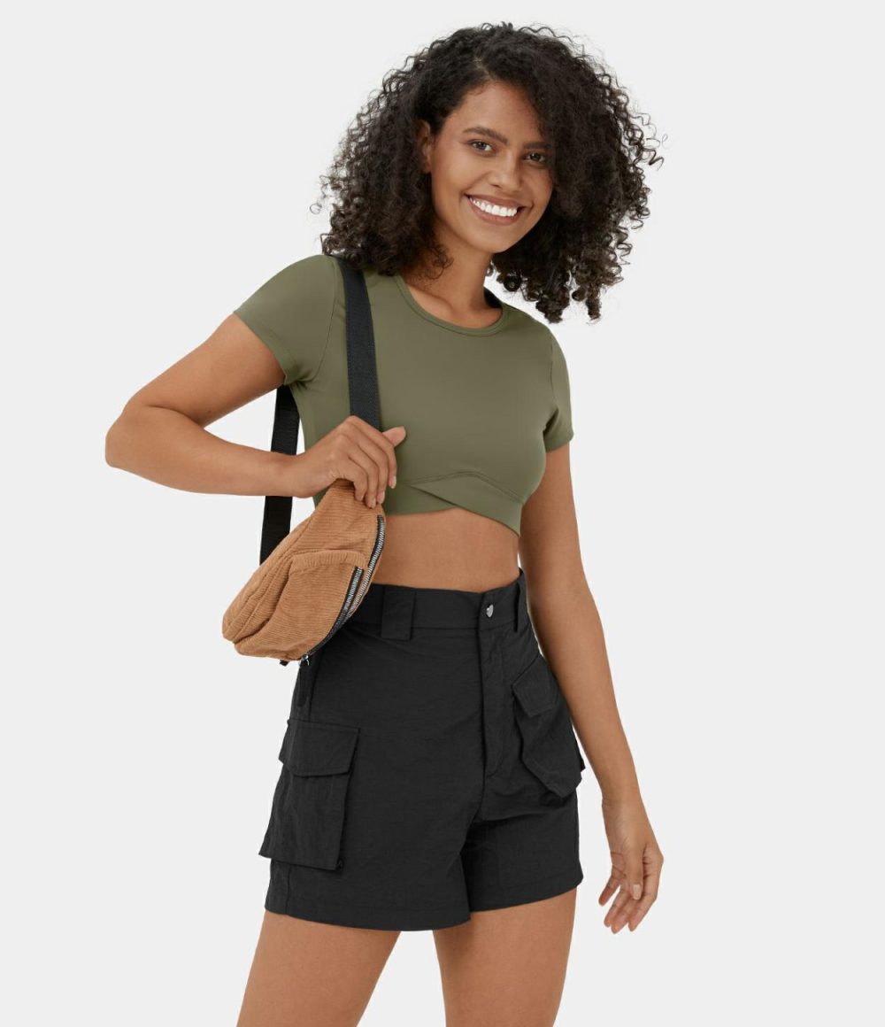 High Waisted Belted Button Zipper Flap Pocket Casual Cargo Shorts 4”  | Womens  Cargo Pants Cargo Pants Black