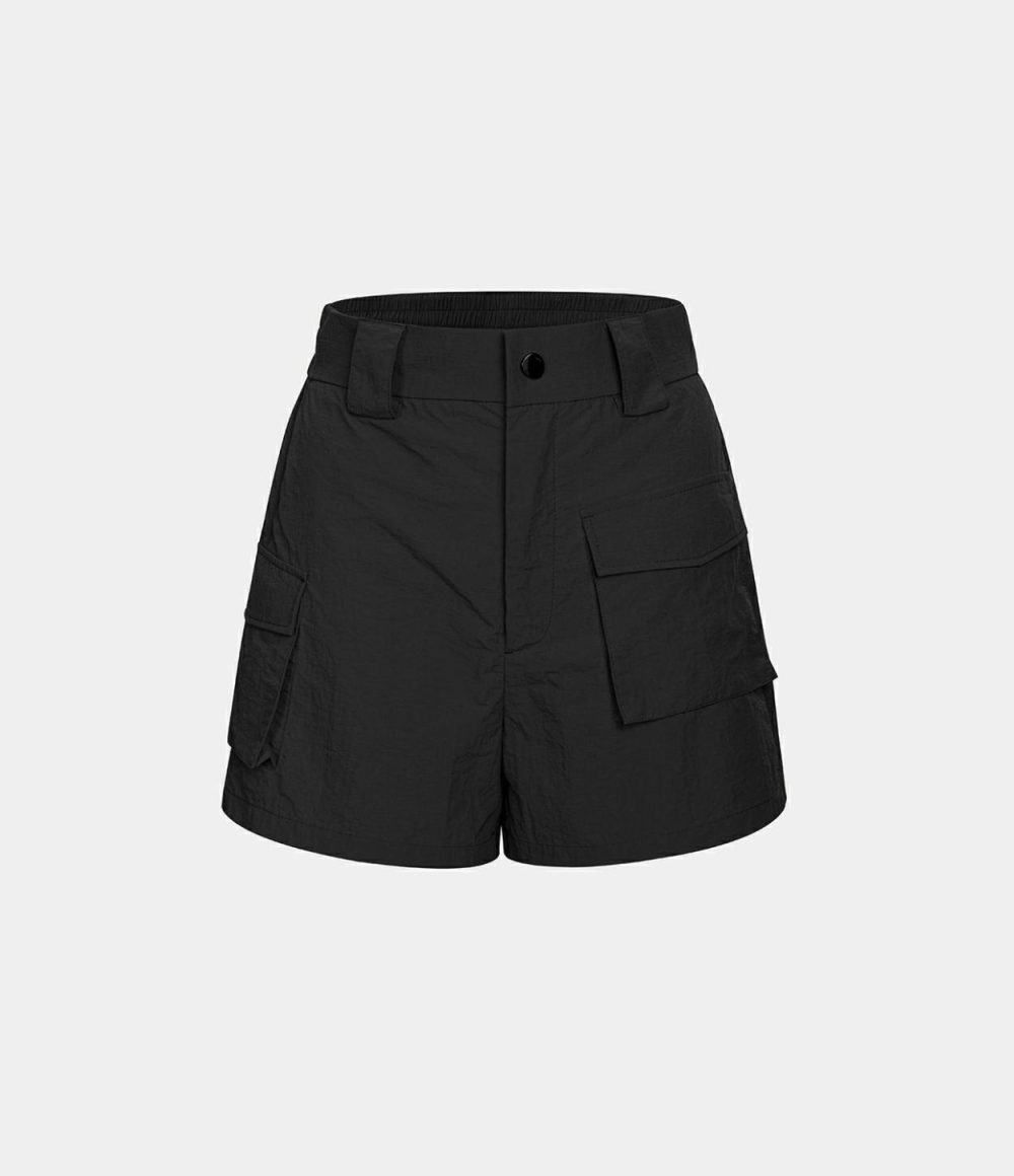 High Waisted Belted Button Zipper Flap Pocket Casual Cargo Shorts 4”  | Womens  Cargo Pants Cargo Pants Black