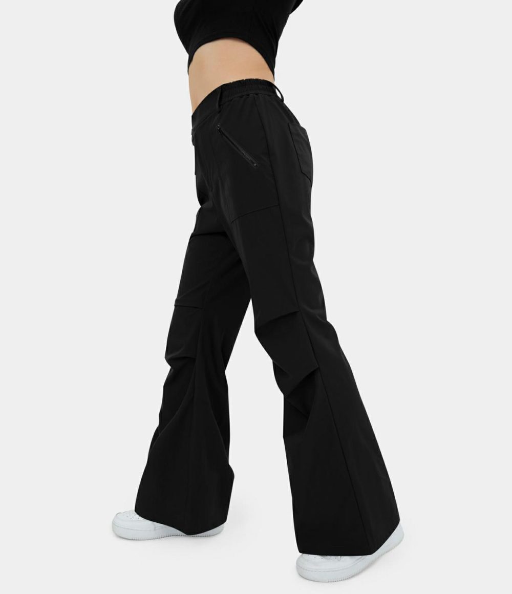 High Waisted Belted Button Zipper Pocket Flare Casual Cargo Pants  | Womens  Cargo Pants Clothing Black/Twilight Green