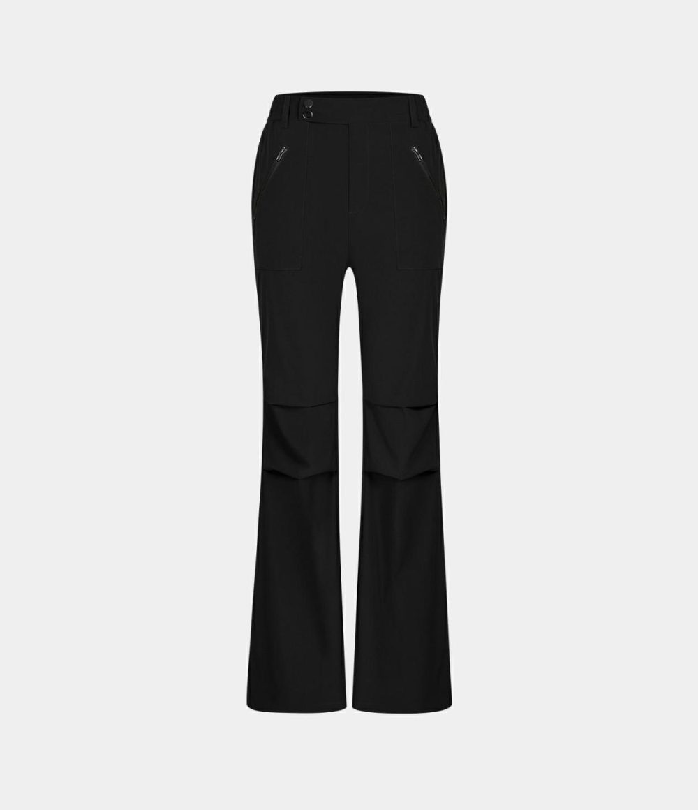 High Waisted Belted Button Zipper Pocket Flare Casual Cargo Pants  | Womens  Cargo Pants Clothing Black/Twilight Green