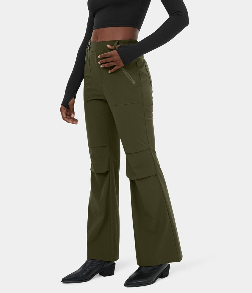 High Waisted Belted Button Zipper Pocket Flare Casual Cargo Pants  | Womens  Cargo Pants Clothing Black/Twilight Green