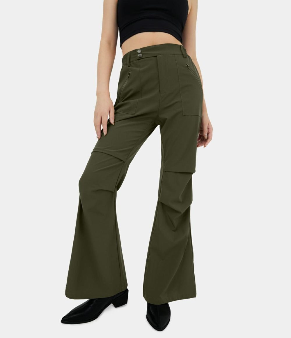 High Waisted Belted Button Zipper Pocket Flare Casual Cargo Pants  | Womens  Cargo Pants Clothing Black/Twilight Green