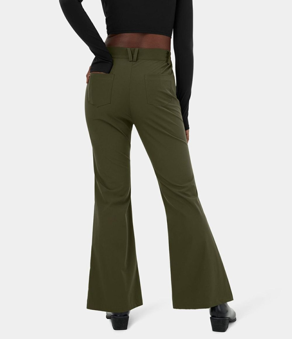 High Waisted Belted Button Zipper Pocket Flare Casual Cargo Pants  | Womens  Cargo Pants Clothing Black/Twilight Green