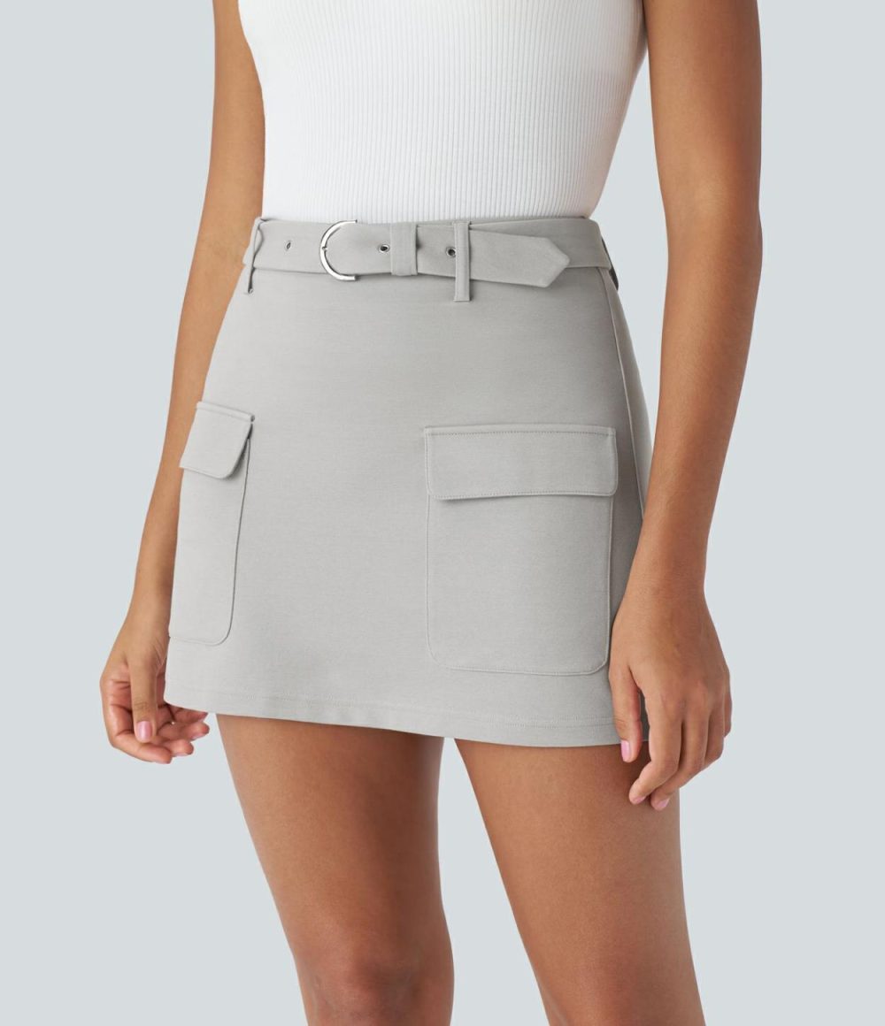 High Waisted Belted Flap Pocket A Line Mini Casual Cargo Skirt  | Womens  Cargo Pants Cargo Pants Cargo Pants