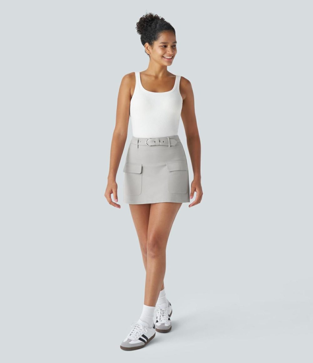 High Waisted Belted Flap Pocket A Line Mini Casual Cargo Skirt  | Womens  Cargo Pants Cargo Pants Cargo Pants