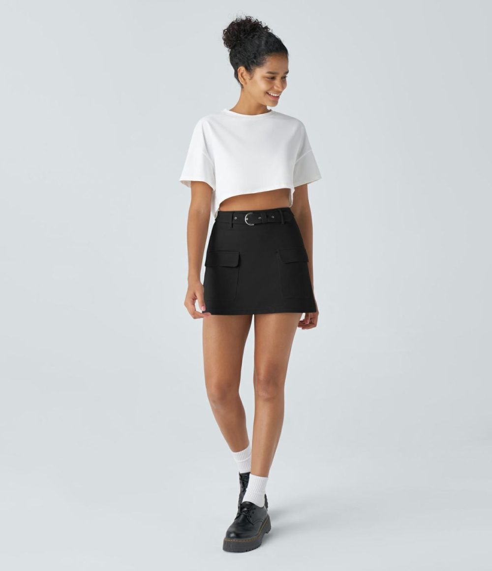 High Waisted Belted Flap Pocket A Line Mini Casual Cargo Skirt  | Womens  Cargo Pants Cargo Pants Cargo Pants