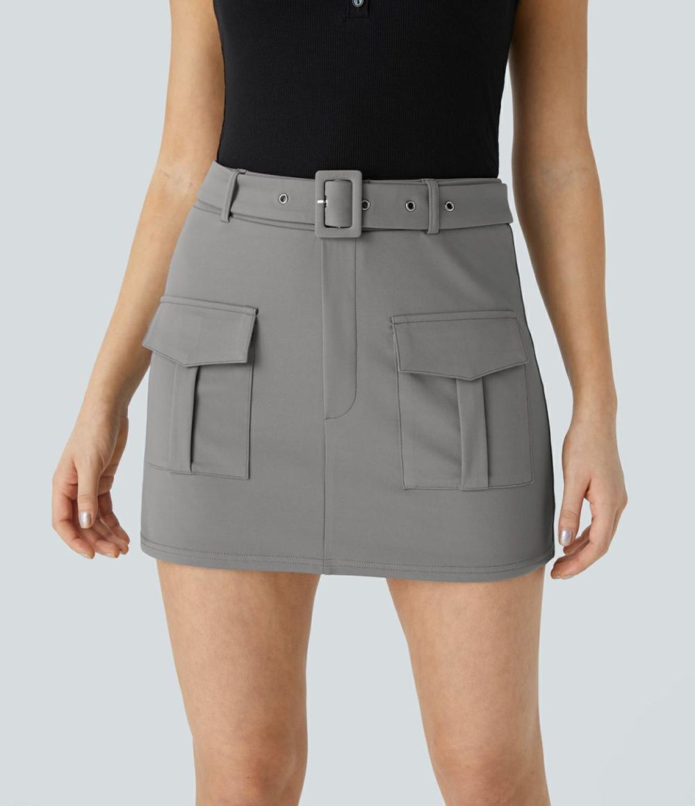 High Waisted Belted Flap Pocket Mini Casual Cargo Skort  | Womens  Cargo Pants Cargo Pants Cargo Pants