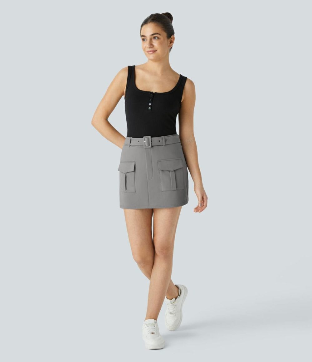 High Waisted Belted Flap Pocket Mini Casual Cargo Skort  | Womens  Cargo Pants Cargo Pants Cargo Pants