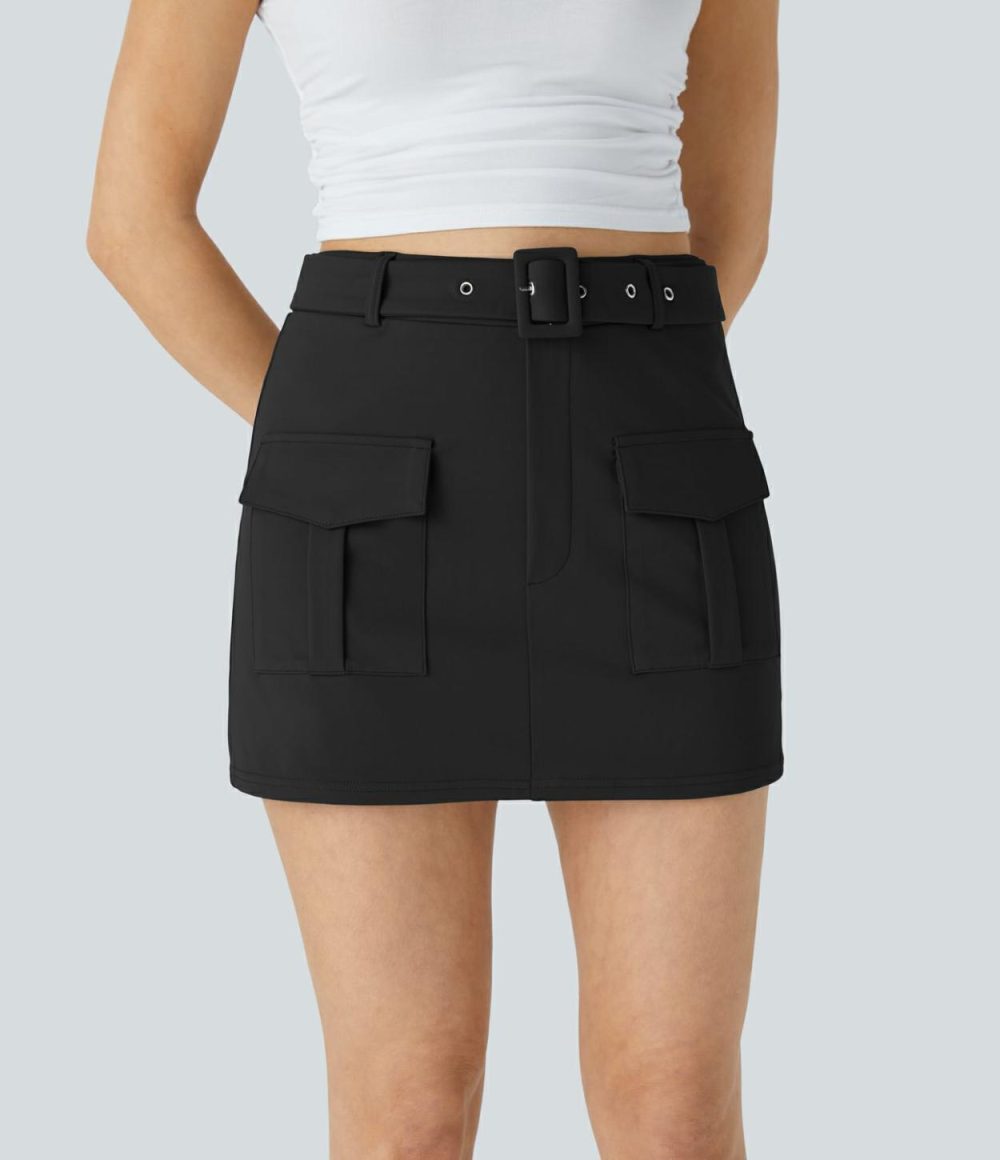 High Waisted Belted Flap Pocket Mini Casual Cargo Skort  | Womens  Cargo Pants Cargo Pants Cargo Pants