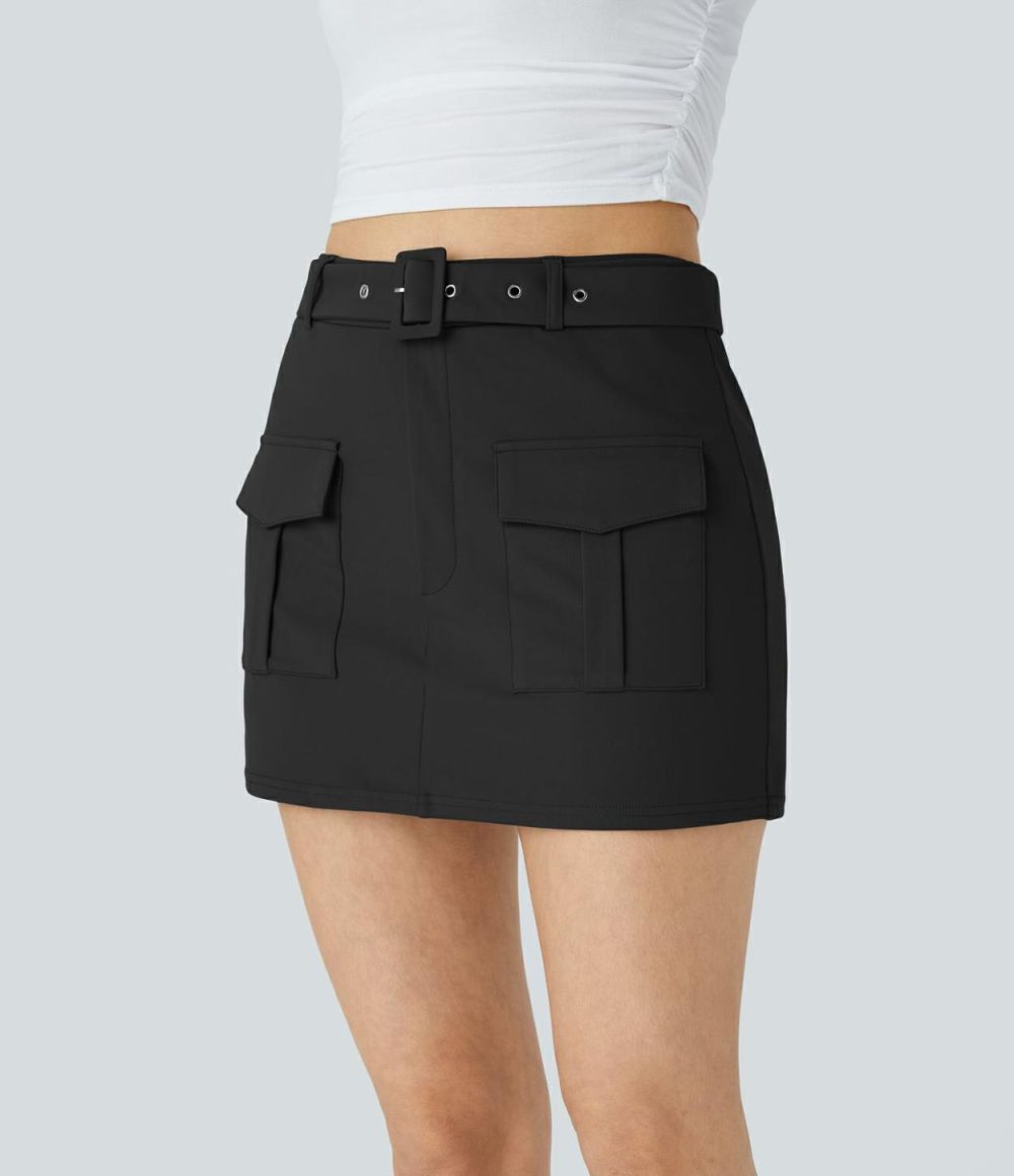 High Waisted Belted Flap Pocket Mini Casual Cargo Skort  | Womens  Cargo Pants Cargo Pants Cargo Pants