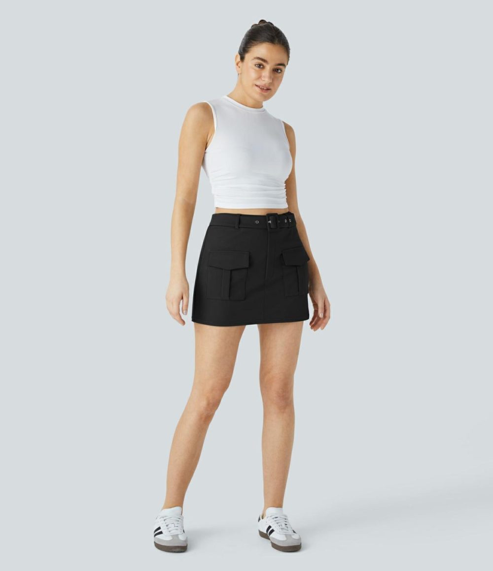 High Waisted Belted Flap Pocket Mini Casual Cargo Skort  | Womens  Cargo Pants Cargo Pants Cargo Pants