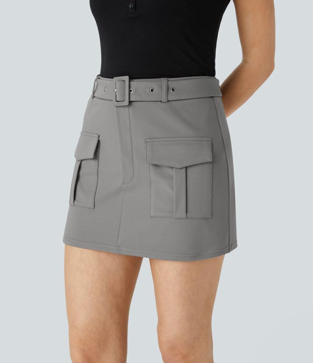 High Waisted Belted Flap Pocket Mini Casual Cargo Skort  | Womens  Cargo Pants Cargo Pants Cargo Pants