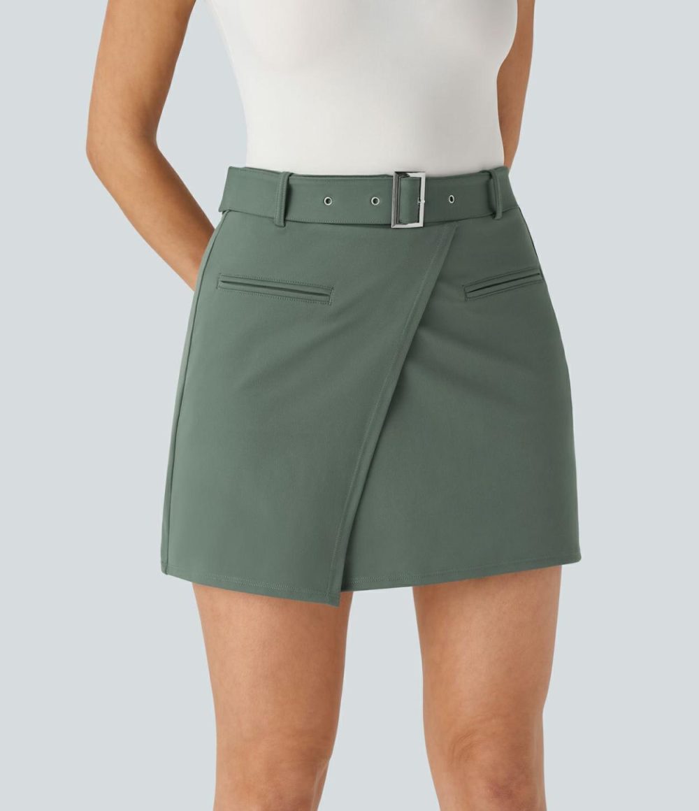 High Waisted Belted Front Pocket 2-in-1 Mini Work Skirt  | Womens  Mini Skirts Clothing Deep Aquamarine/Black