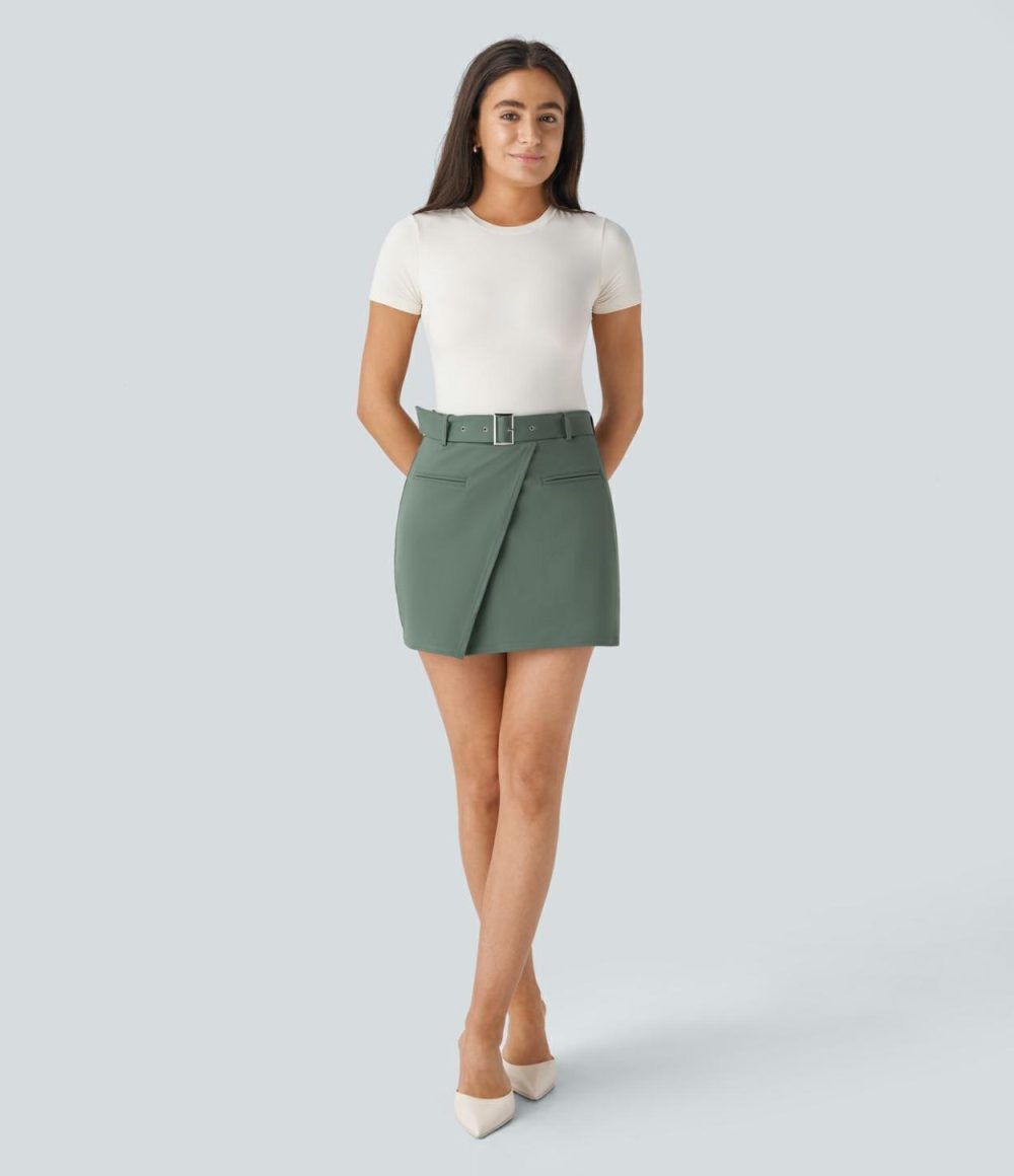 High Waisted Belted Front Pocket 2-in-1 Mini Work Skirt  | Womens  Mini Skirts Clothing Deep Aquamarine/Black