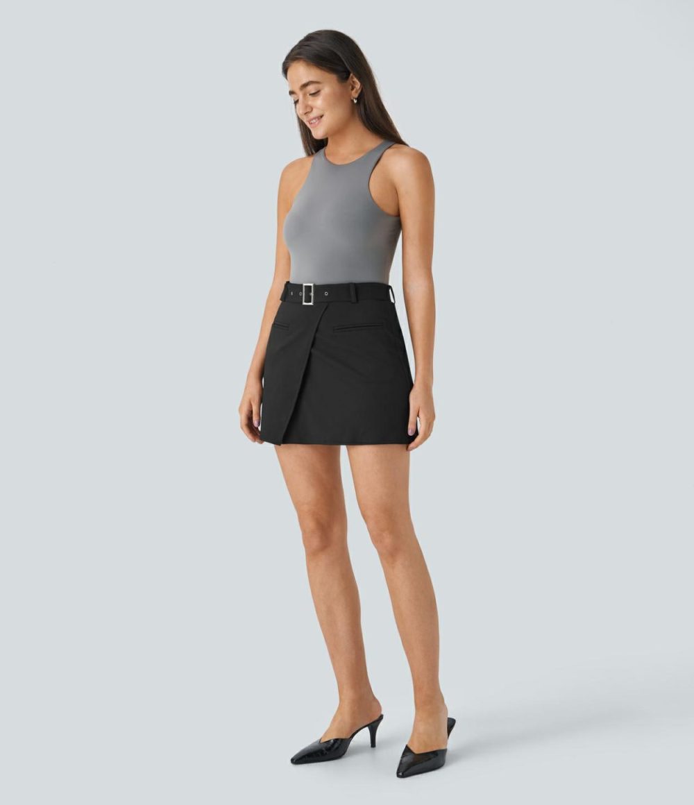 High Waisted Belted Front Pocket 2-in-1 Mini Work Skirt  | Womens  Mini Skirts Clothing Deep Aquamarine/Black