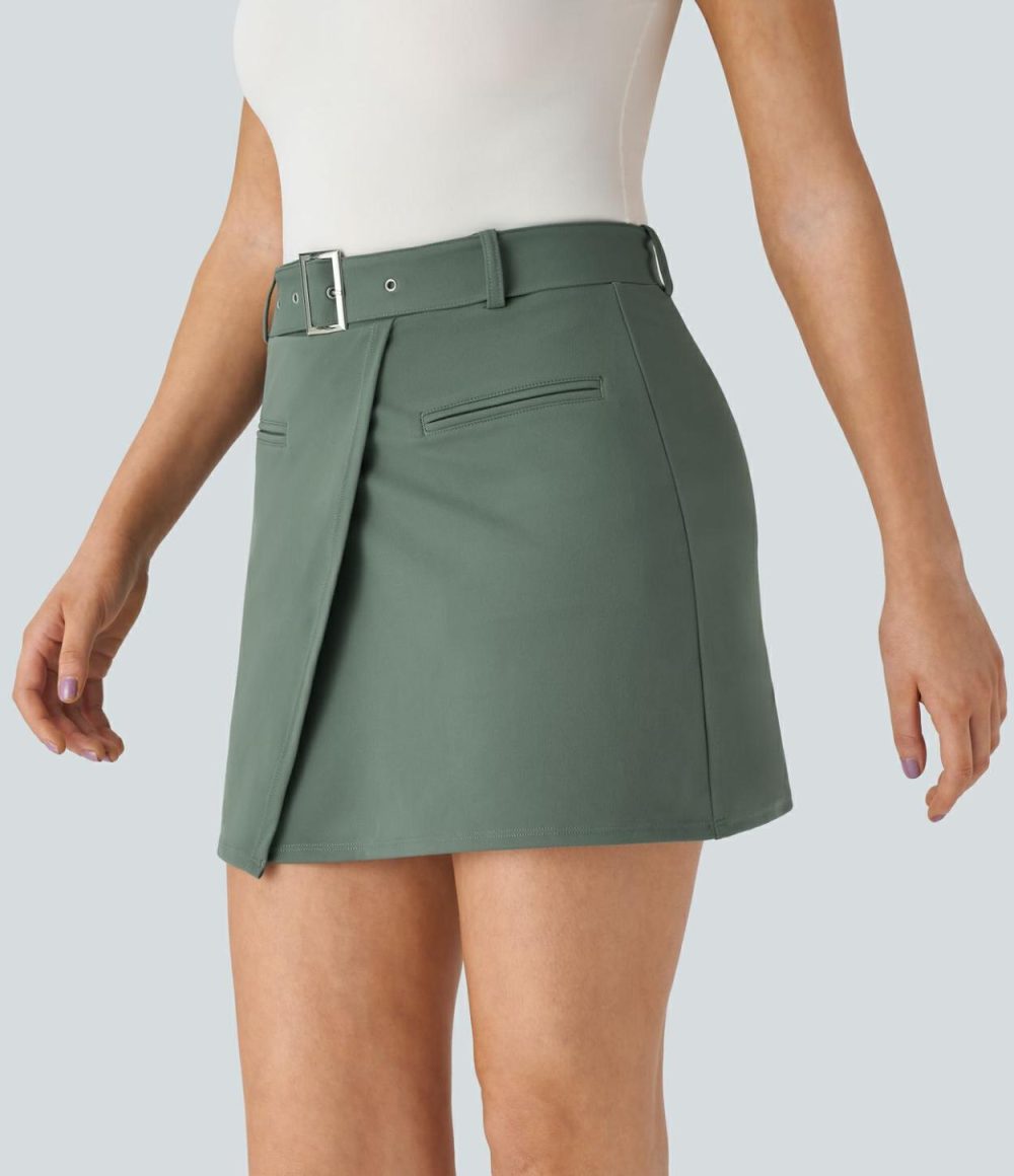 High Waisted Belted Front Pocket 2-in-1 Mini Work Skirt  | Womens  Mini Skirts Clothing Deep Aquamarine/Black