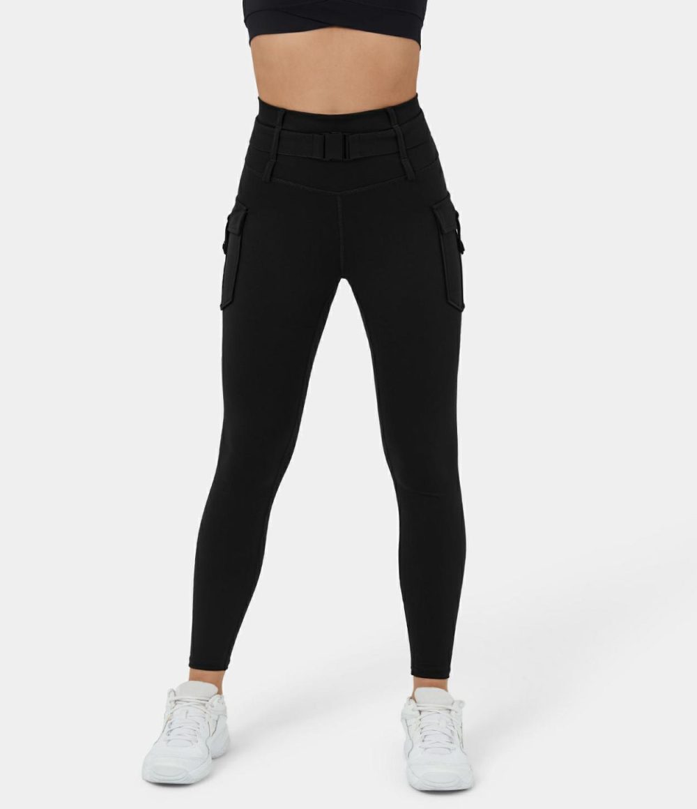 High Waisted Belted Side Flap Pocket Yoga 7/8 Cargo Leggings  | Womens  Cargo Pants Cargo Pants Cargo Pants