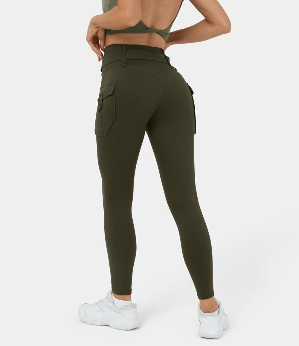 High Waisted Belted Side Flap Pocket Yoga 7/8 Cargo Leggings  | Womens  Cargo Pants Cargo Pants Cargo Pants