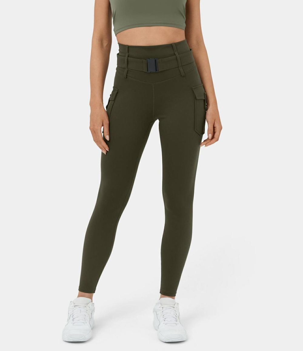 High Waisted Belted Side Flap Pocket Yoga 7/8 Cargo Leggings  | Womens  Cargo Pants Cargo Pants Cargo Pants