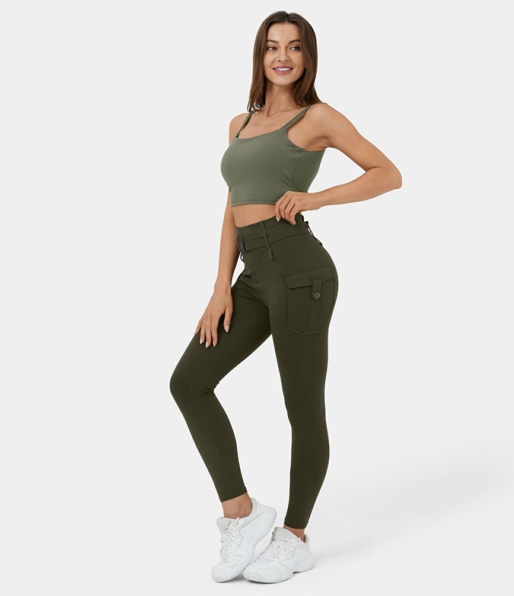 High Waisted Belted Side Flap Pocket Yoga 7/8 Cargo Leggings  | Womens  Cargo Pants Cargo Pants Cargo Pants