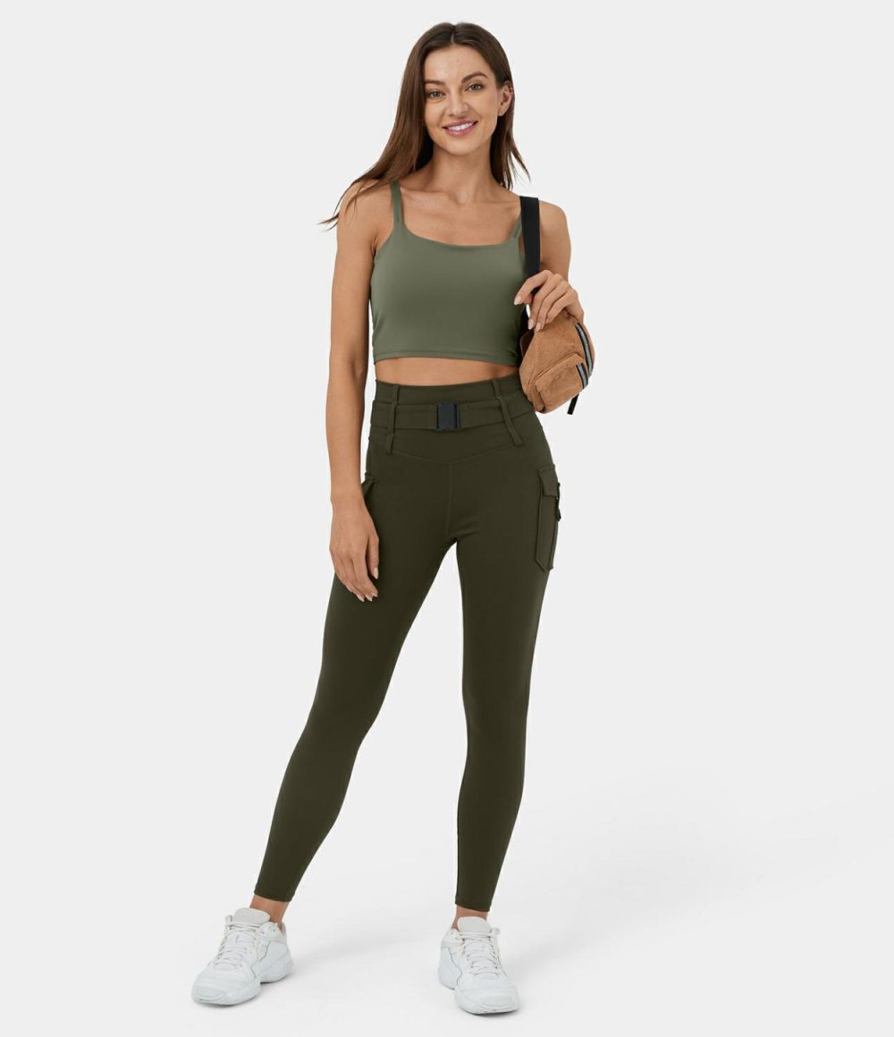 High Waisted Belted Side Flap Pocket Yoga 7/8 Cargo Leggings  | Womens  Cargo Pants Cargo Pants Cargo Pants