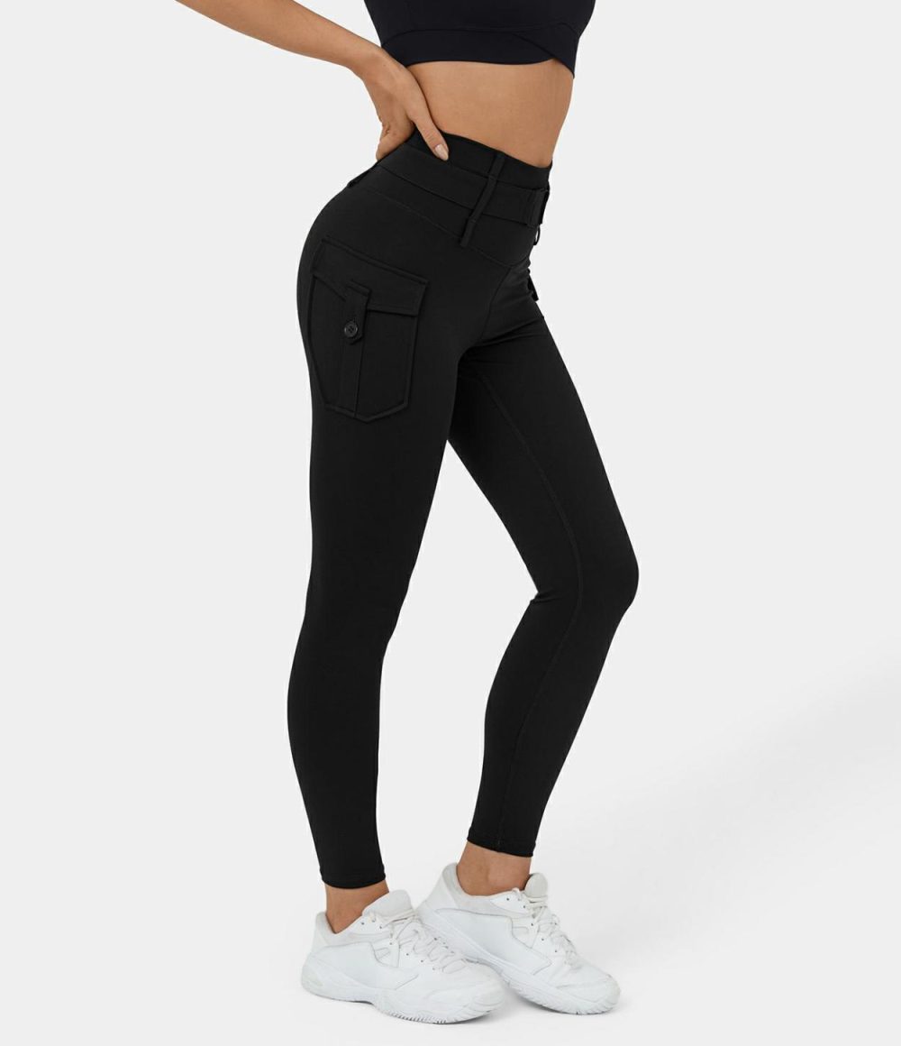 High Waisted Belted Side Flap Pocket Yoga 7/8 Cargo Leggings  | Womens  Cargo Pants Cargo Pants Cargo Pants