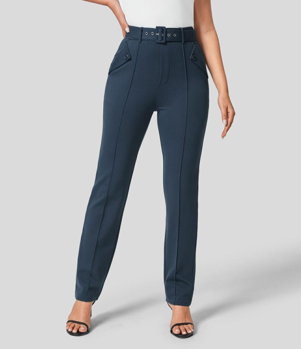 High Waisted Belted Side Pocket Work Suit Pants  | Womens  Active Work Pants Active Work Pants Active Work Pants