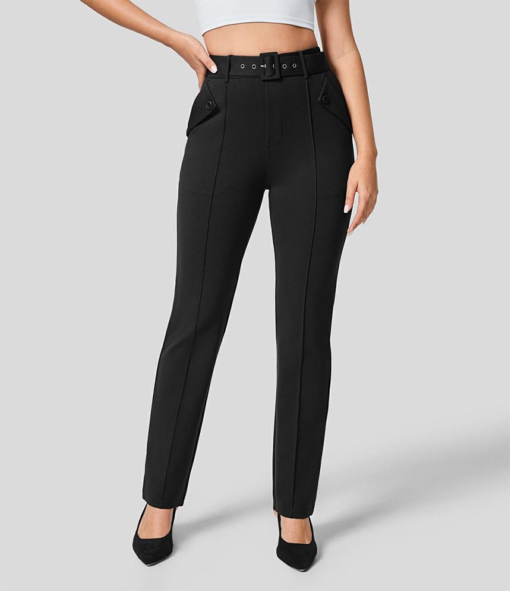 High Waisted Belted Side Pocket Work Suit Pants  | Womens  Active Work Pants Active Work Pants Active Work Pants