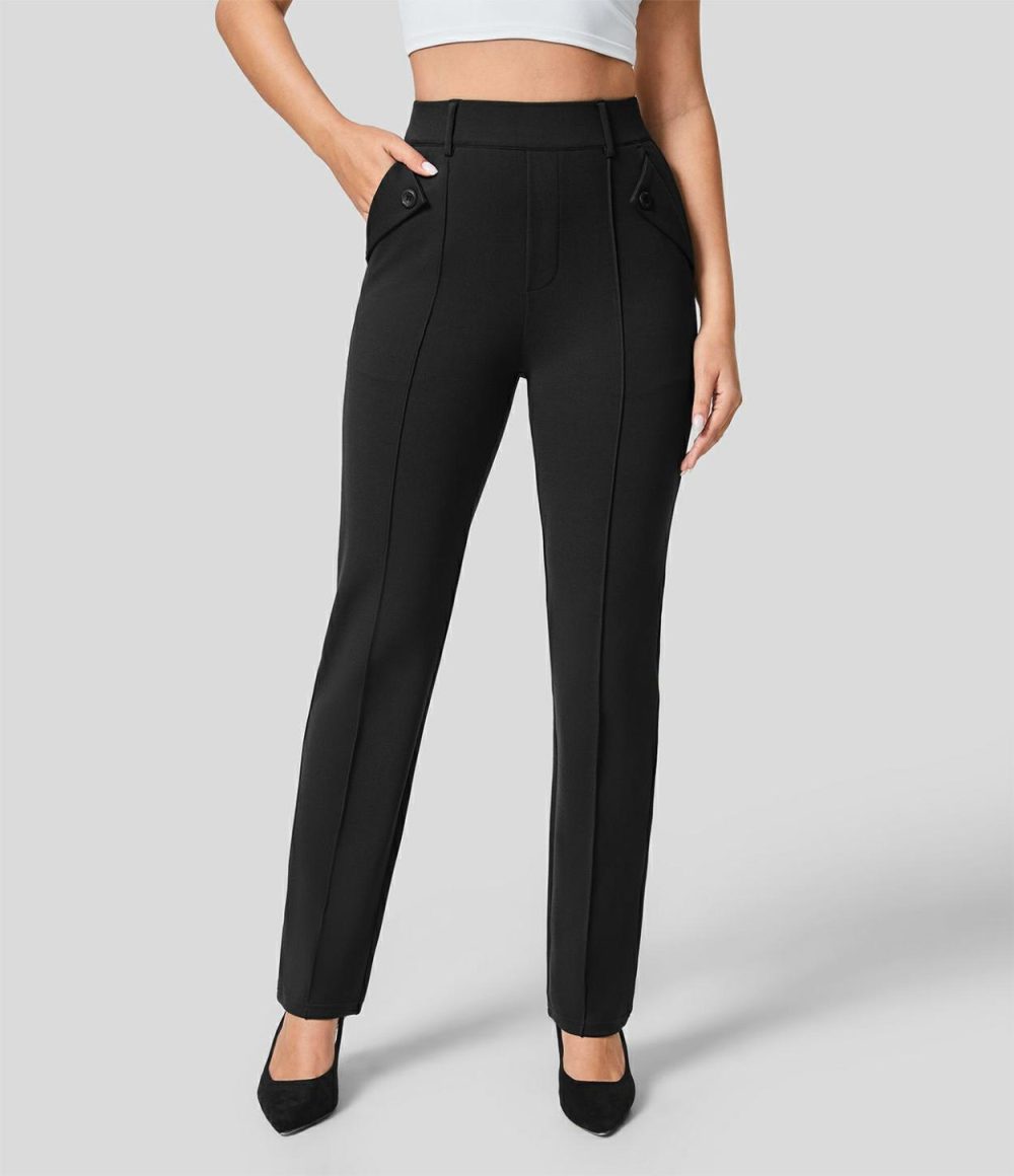 High Waisted Belted Side Pocket Work Suit Pants  | Womens  Active Work Pants Active Work Pants Active Work Pants